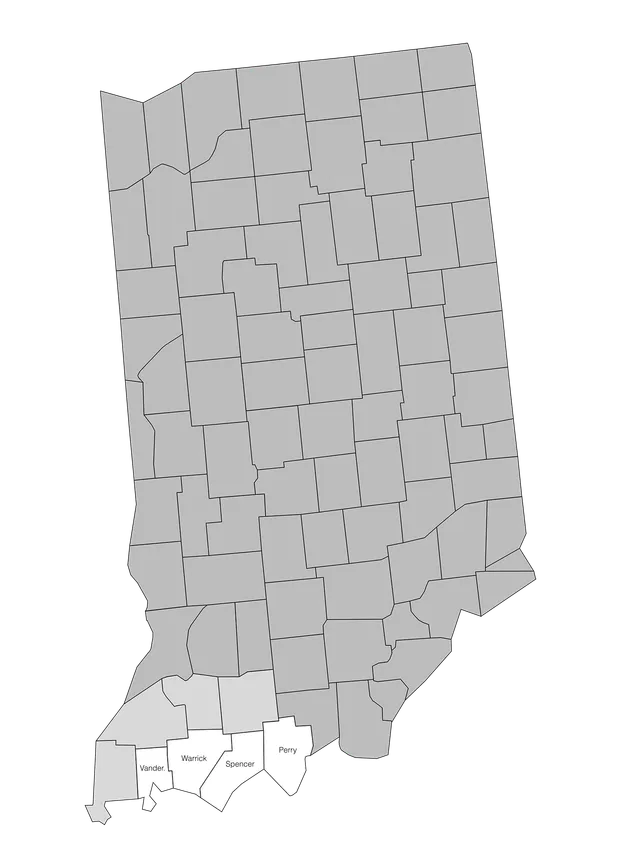 Map highlighting counties in Indiana where we practice criminal law, specifically Vanderburgh, Warrick, Spencer, and Perry counties.