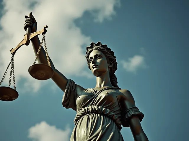 Lady justice holding scales against a blue sky background
